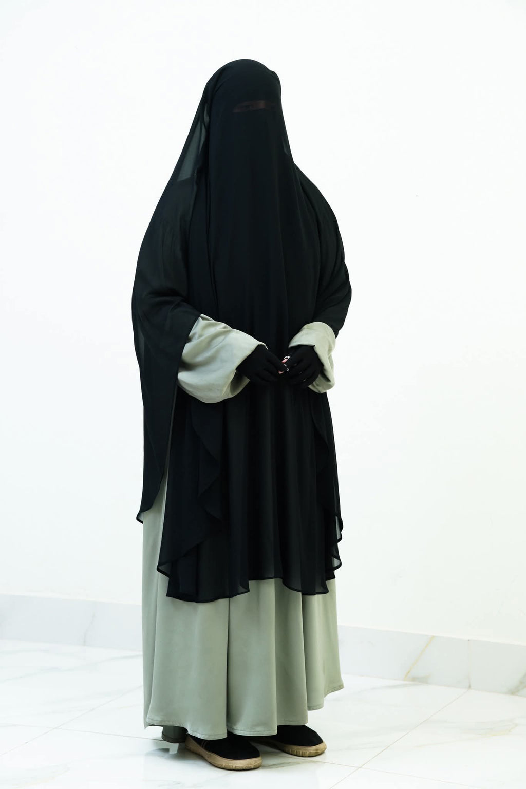 Khadija Combo Set - Full Coverage 2 Layer Khadija Long Khimar With Nose Piece & Khadija Niqab Attached 2 Part Nose Piece 2 Layer Niqab