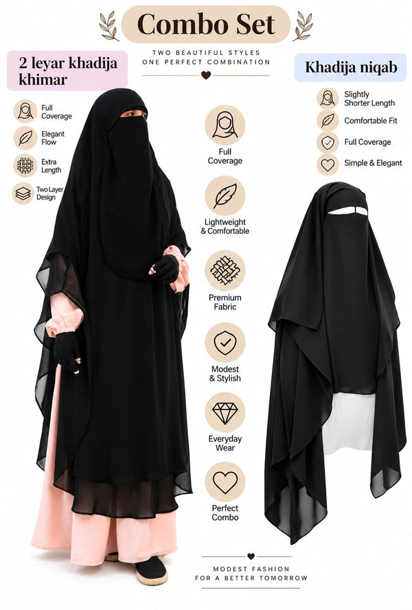 Khadija Combo Set - Full Coverage 2 Layer Khadija Long Khimar With Nose Piece & Khadija Niqab Attached 2 Part Nose Piece 2 Layer Niqab