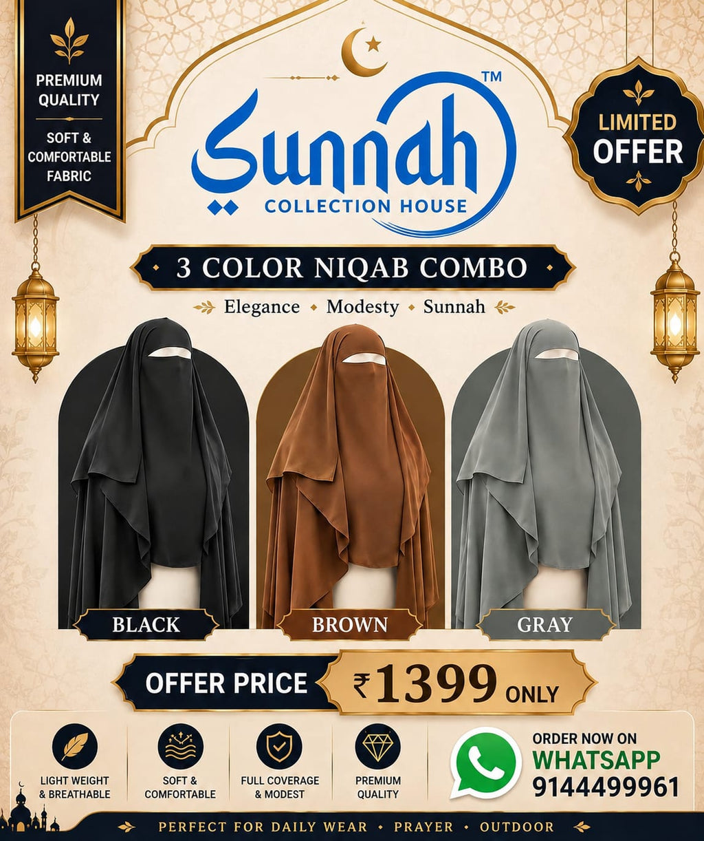 3 Clour Combo  Premium Diamond Georgette Full-Coverage Khimar